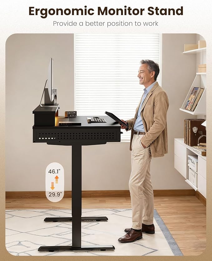 OffiGo Electric Standing Desk with 3 Wooden Drawers, 48 Inch Height Adjustable Desk with Power Outlets & LED Lights, Black Sit Stand Table with Monitor Stand for Home, Office, Workstation