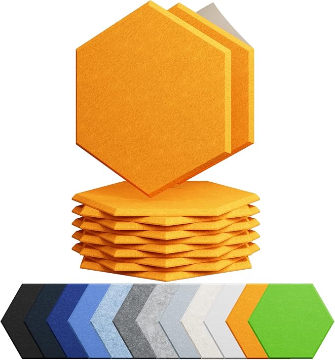 Amantech 12 Pack Acoustic Panels Self Adhesive Sound Proof Foam, High Density Sound Acoustic Foam Panel, 12X10.23X0.4 Inch Hexagon Wall Panels in Home, Office, Reccording Room, Studio(Orange)
