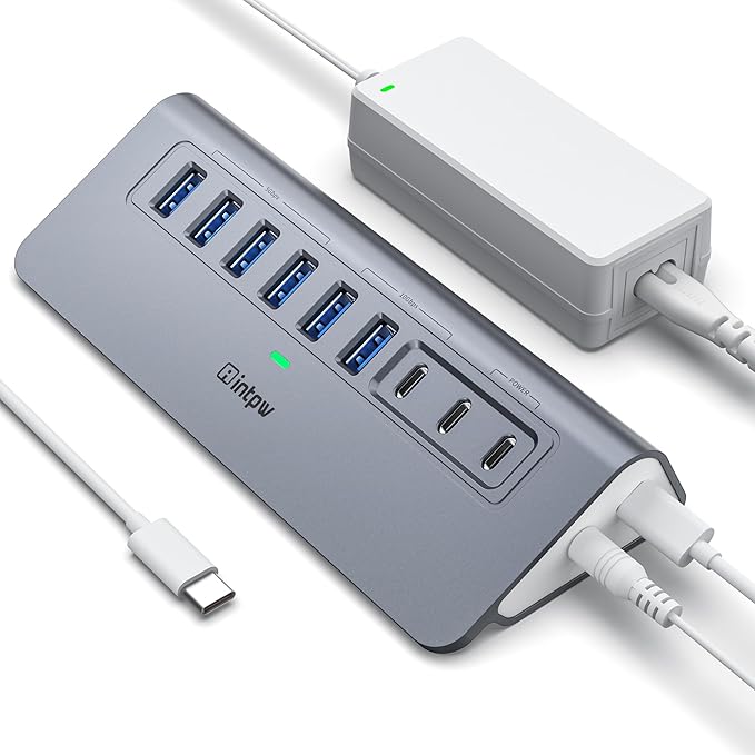 YH6AC Powered USB Hub 10Gbps, intpw 9-Port USB Splitter with USB A/USB C 3.2, 4 USB 3.0, 2 PD 45W Charging Ports, 65W Power Adapter + 3.3FT Cable, Aluminum USB Extender Hub for Laptop, PC,iPhone 17/16