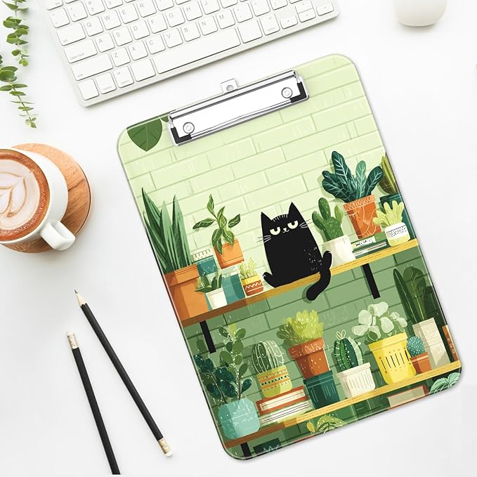 Luminzo Plastic Cute Clipboard Low-Profile Metal Clip, A4 Letter Size 9 x 12.5 in, 8.5 x 11 Paper Clip Board for Teachers, Nurses, Classroom,Cafe Black Cat