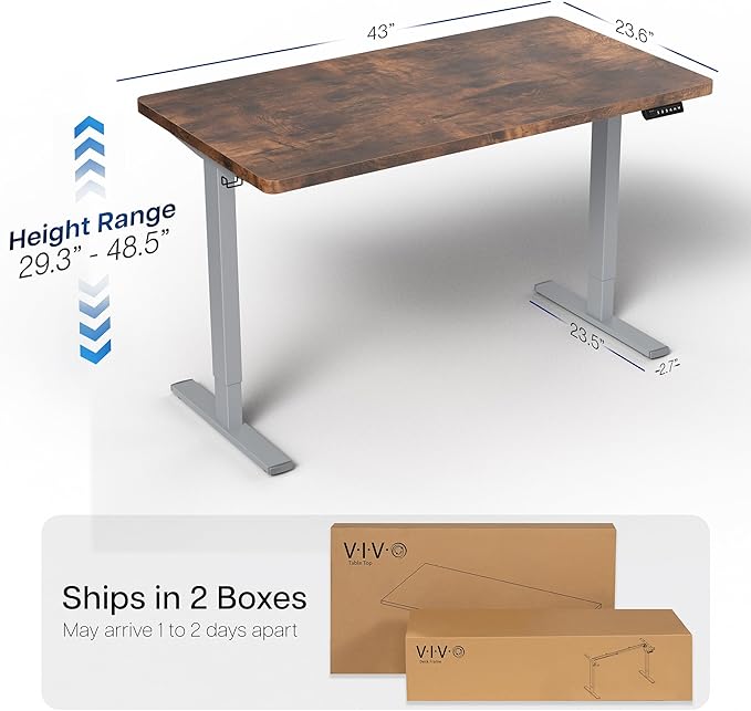 VIVO Electric 43 x 24 in Rustic Standing Desk, Memory Height Adjustment, 1B Series, Holds 220 lbs, One-Piece Vintage Brown Top, Gray Frame, DESK-KIT-1G4N