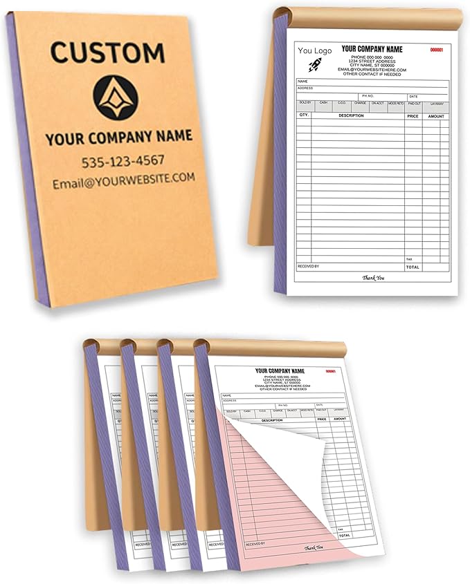 Custom Carbonless Invoice Book with Logo, Personalized Cover & Inner Pages, 2 Part NCR Receipt & Work Order Forms, Easy Tear, Writing Shield for Small Business (2-Part [White/Red], 7.48 x 5.12INCH)