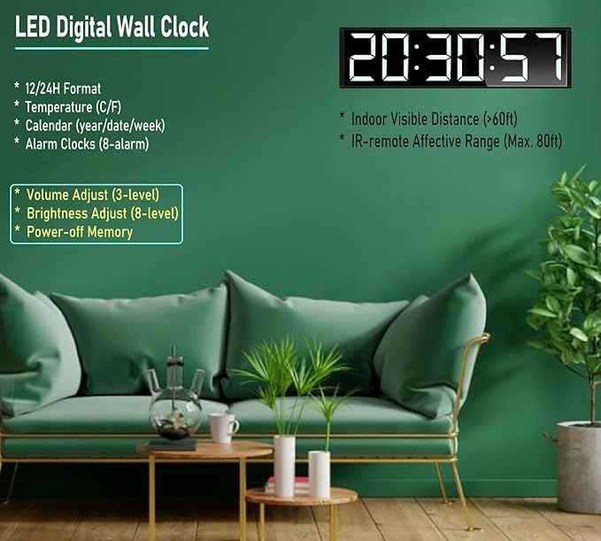 ETEBRG 26'' Huge Digital Wall Clock, Home Gym Interval Workout Timers, with Countdown, Stopwatch, 7-Color Light, 8-Alarms, Calendar/Temperature Display, for HIIT/Tabata/FGB/EMOM (White)