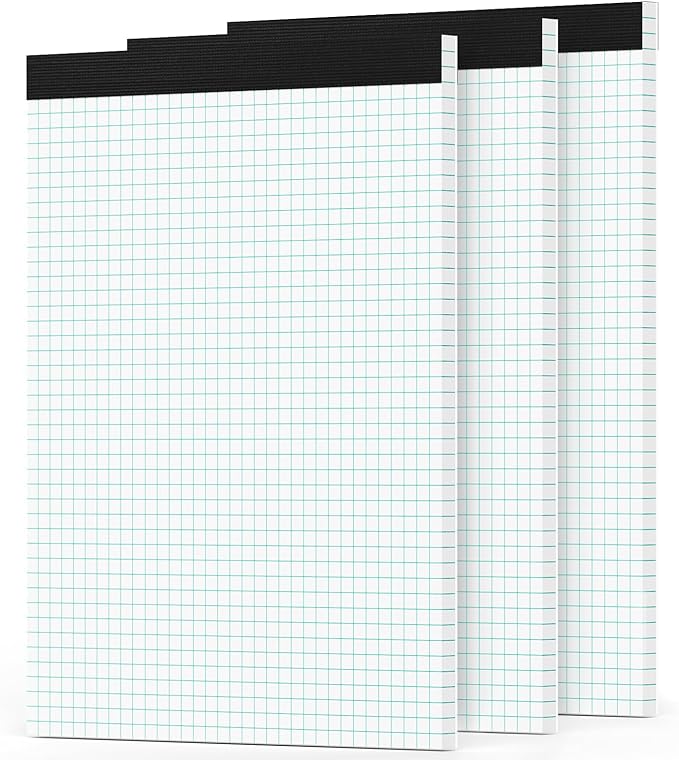 Zaviko Grid Paper Pads 8.5 x 11, 3 Pack, 4x4 Blue Quad Graph Paper Pads 8.5 x 11, White Quadrille Pad, Easy Tears Off, Cardboard Backing, Grid Notebook 8-1/2" x 11", 70 GSM Graft Paper, 30 Sheets/Pad