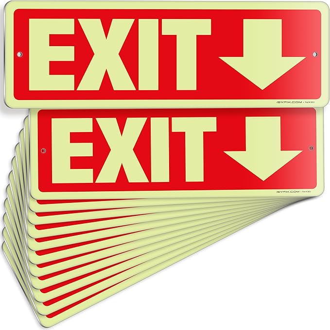 iSYFIX Exit Signs with Directional Down Arrow, Glow in the Dark, Photoluminescent Aluminum 12x4 Inch - 12 Pack, Laminated for UV & Weather Resistance, Ideal for Offices, Schools, Theaters & More