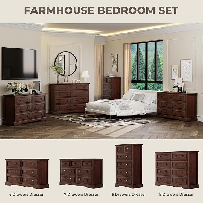 VVFLU Farmhouse 6 Drawer Dresser for Bedroom, 54" Wide Wood Dresser with Natural Texture, Rustic Chest of Drawers for Bedroom with Vintage Metal Hands, for Living Room, Hallway, Cherry