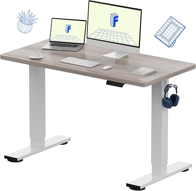 FLEXISPOT EN1 One-Piece Standing Desk with 1-Inch Thick Seamless Desktop, 48"x24" Electric Height Adjustable Desk for Home Office, Multi-Monitor Setups & Easy Assembly, Gray Wood