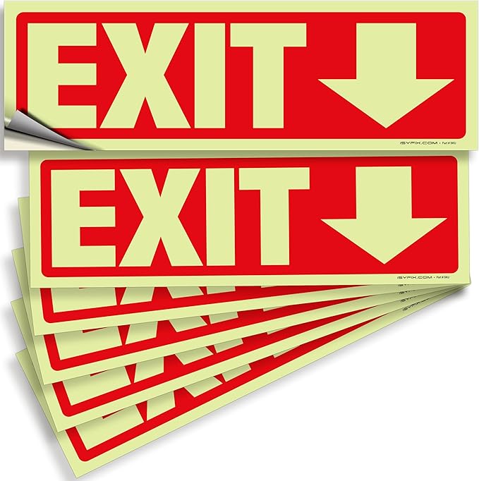 iSYFIX Exit Stickers Signs with Directional Down Arrow 6 Pack 12x4 Inch - Glow in the Dark Photoluminescent Vinyl for Office, School, Business, Warehouse - UV & Weather Resistant for Indoor/Outdoor Use