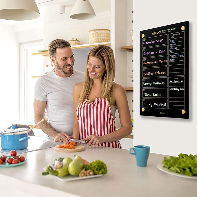 Black Glass Golden Weekly Dry Erase Calendar & Menu Whiteboard for Wall, Meal Planning & Grocery Shopping List White Board for Kitchen & Home, 15x11, 4 Wet Erase Markers Included, Yeoux