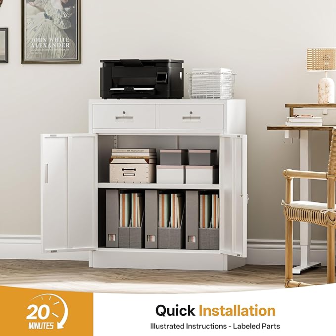 TaskStorz Metal Storage Cabinet with 2 Drawers 36" H,White Metal Garage Cabinets with 2 Lockable Doors and Adjustable Shelves Easy to Assemble for Home Office, Kitchen,Pantry,Garage,Warehouse