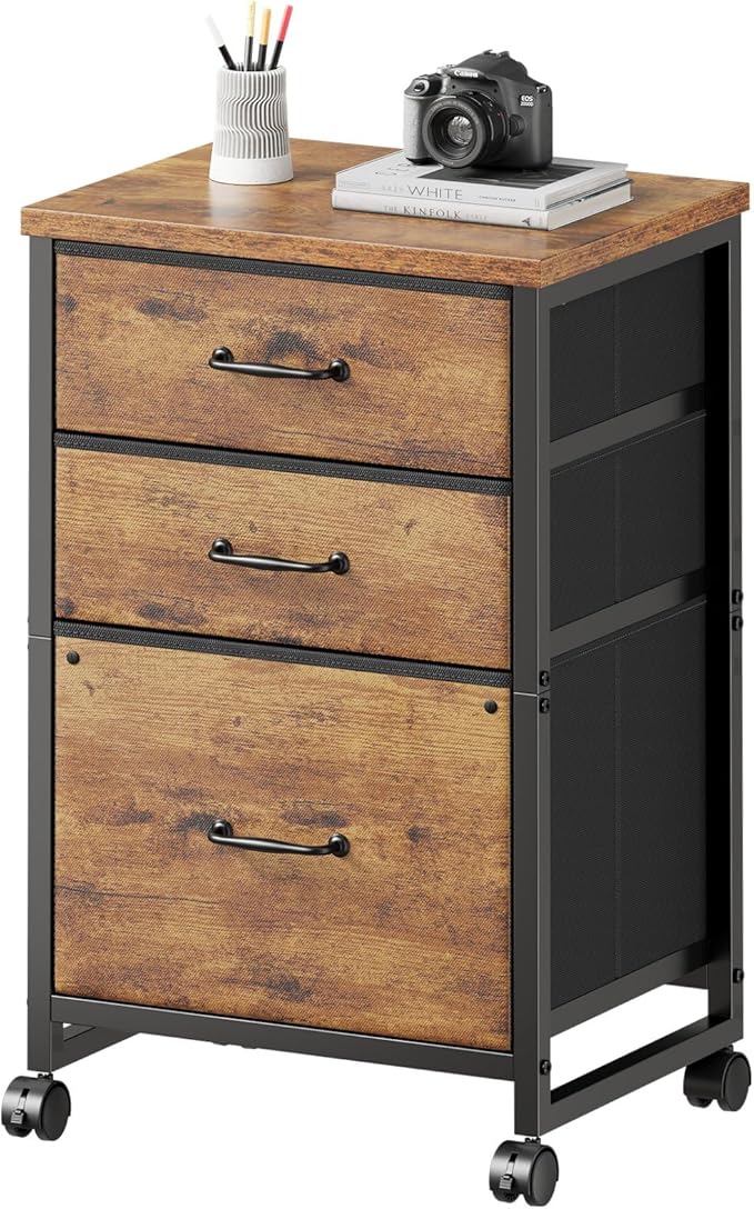 Maihail 3 Drawer Mobile File Cabinet with Wheels Fabric Vertical Filing Cabinet fits A4 or Letter Size for Home Office,Rustic Brown2