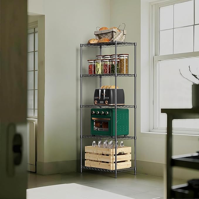 M MZG 1250 lbs 5 Tier Shelf Metal Storage Shelves Wire Rack Closet Organizers with Wheel for Garage Kitchen Bathroom Laundry Black 13.7" D x 23.6" W x 62.4" H