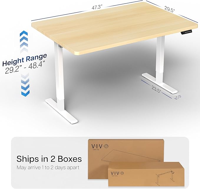 VIVO Electric 48 x 30 in Standing Desk, Memory Height Adjustment, 1B Series, Holds 220 lbs, One-Piece Light Wood Top, White Frame, DESK-KIT-1W5C