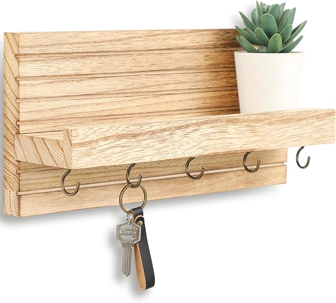 Lwenki Decorative Key Holder for Wall with Shelf, Entryway Shelf with Hooks Holds Leashes, Jackets and Glasses – Sturdy Wood Keyholder Entrance Hanger with Mounting Hardware (Wood, Medium)
