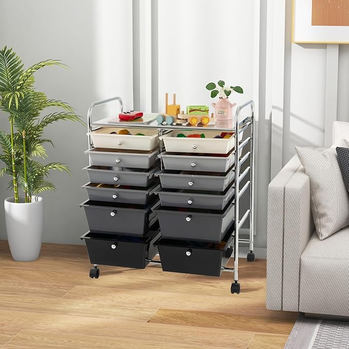 Happygrill 12-Drawer Rolling Storage Cart, Multipurpose Organizer Cart for Home Office School, Utility Cart with Wheels (Black Gradient)