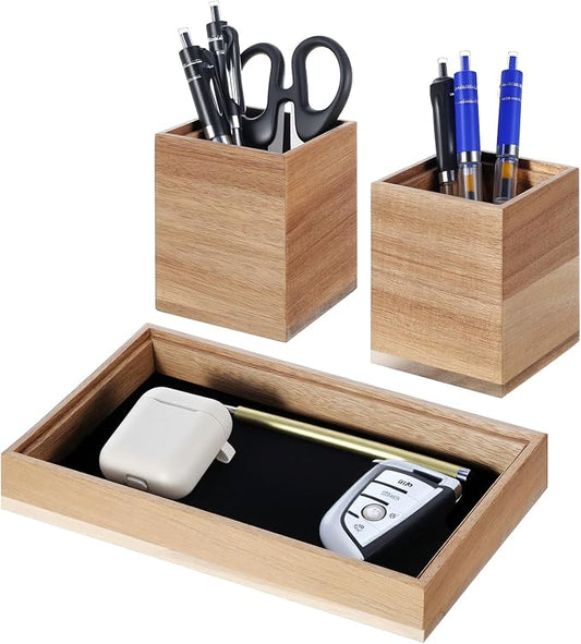 Kifmurase Wooden Desk Tray with 2 PCS Pen Holder, Wood Desk Drawer Organizer with Felt Lined, Aesthetic Organizer Tray& Pen Holder Office Home Desktop Accessories for Keys Pencils Watch Earbuds