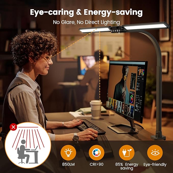 SIBRILLE Upgraded LED Desk Lamp for Home Office with RGB, Rotatable Computer Desk Light with Remote, Tall Table Lamp with Clamp for Working, Dimmable Dual Head Task Lighting for Monitor PC, 22W