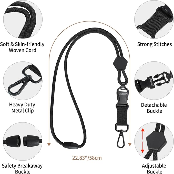 Fishent 2 Pack Breakaway Neck Lanyards for ID Badges, Adjustable Sturdy Round Cord Heavy Duty Key Lanyard with Detachable Buckle for Men Women Car Keys Card Holder