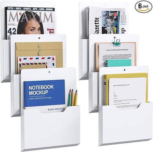 6 Pack Magnetic File Folder Holder, Wall Hanging Magnetic Pocket Mail Organizer for Refrigerator,Classroom Locker Whiteboard, Office Walls,White