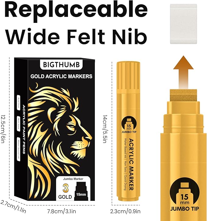 BIGTHUMB 3 Pcs Gold Jumbo Permanent Markers: 15mm Wide Tip Thick Acrylic Paint Pen Large Calligraphy Marker for Rock Painting, Poster, Sign, Canvas, Glass, Wood, Ceramic