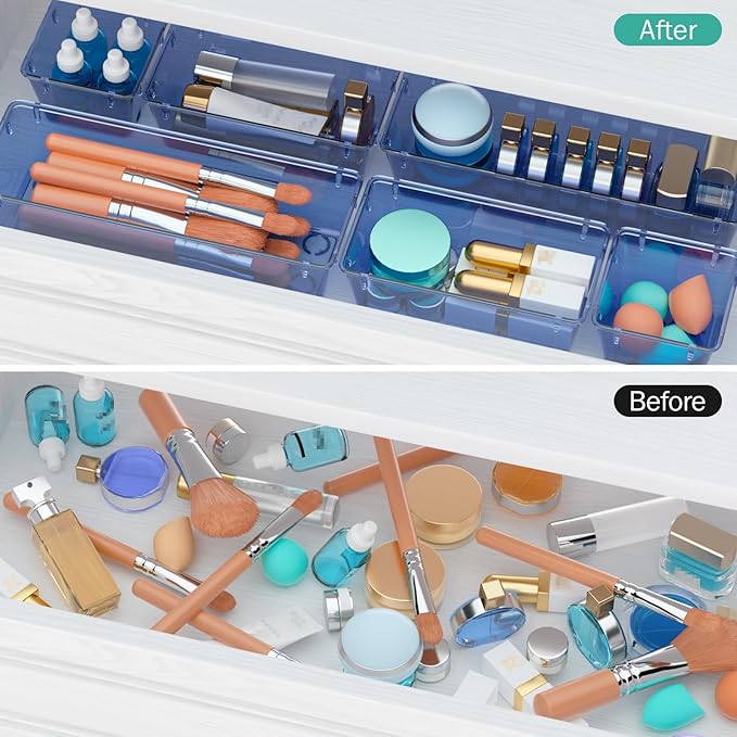 WOWBOX 6 Pack Clear Drawer Organizer Set, Acrylic Drawer Storage Trays, Storage Bins for Makeup, Cosmetics, Jewelries, Utensils, Gadgets, Office, Dark Blue
