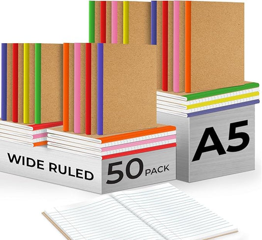 Rosmonde 50 Pack A5 Kraft Journal, Extra Pages - 120 Pages (60 Sheets), Long Lasting, Wide Ruled, 8 x 5.7 Kraft Notebook, Bulk Journal Notebook A5, Bulk Composition Notebooks, Bulk Notebook for School