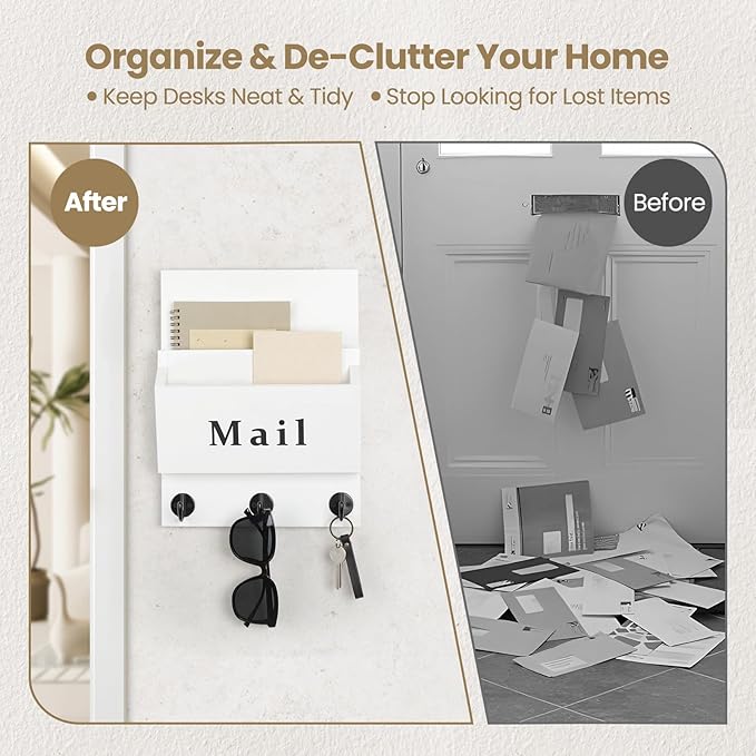 Lucundm Mail and Key Holder - Decorative 8.86" x 11.42" Wall Key Hanger with 2 Mail Organizer Slots and 3 Hooks - Real Paulownia Wood with Keyhole Brackets, Hardware and Instructions (White)