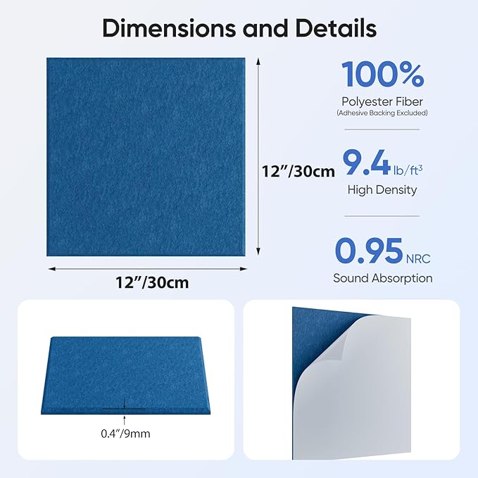 UNECHO 12 Pack 12" X 12" X 0.4" Acoustic Panels for Wall Sound Absorbing,Square Self-Adhesive Sound Panels, High Density Suitable for Multiple Scenarios(Yale Blue)