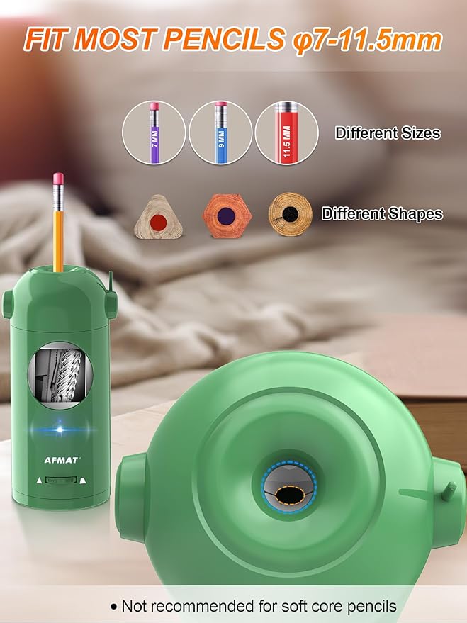 AFMAT Electric Pencil Sharpener, Fully Automatic Pencil Sharpener for Classroom, Robot Sharpeners for 7-11.5mm No.2/Jumbo/Colored Pencils, Auto in & Out, Rechargeable & Cordess, Hands-Free, PSX5,Green