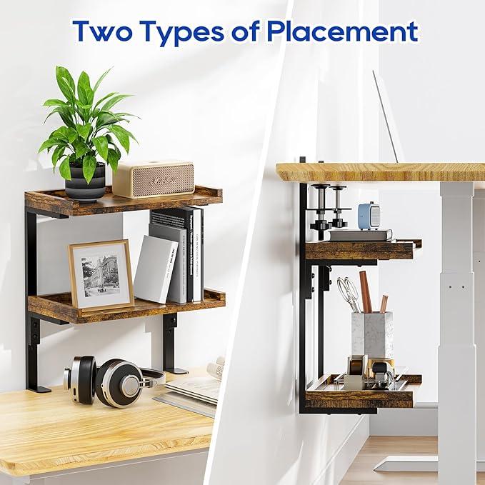 ART-GIFTREE Clamp On Desk Shelf 2-Tier, 12.5 inche Wood Shelving Unit for Office Desk/Gaming Accessories, Tabletop Book Storage Rack, Shelf for Top & Under of Desk, Brown