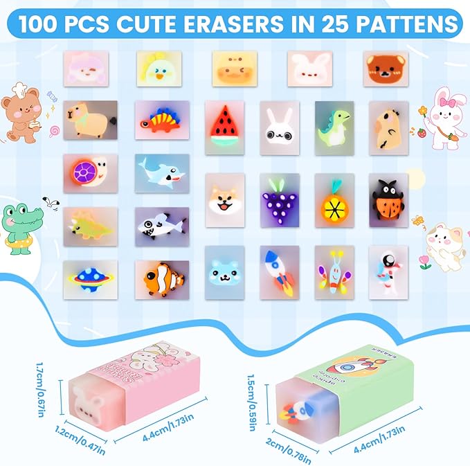 LiYiQ 100 Pcs Cute Eraser for Kids Bulk Kawaii Erasers for Classroom Fun Erasers for Back to School Supplies Kid Party Favors Gift