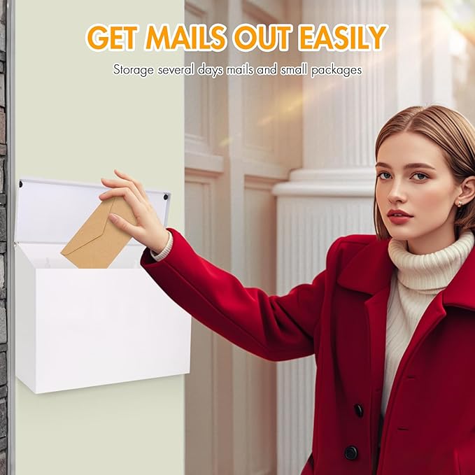 Wall Mount Mailbox for Outside with Flag, Galvanized Steel Mail Box for Post Outdoor, Large Capacity Rust-Proof Metal Postbox for House, with 3 Sets Mailbox Numbers, 14.2"x9.5"x4" White