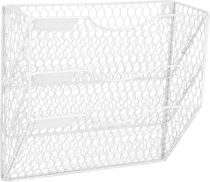 EASEPRES Mail Organizer Wall Mount Hanging File Holder Storage, Metal Chicken Wire Magazine Rack 3 Tier, White