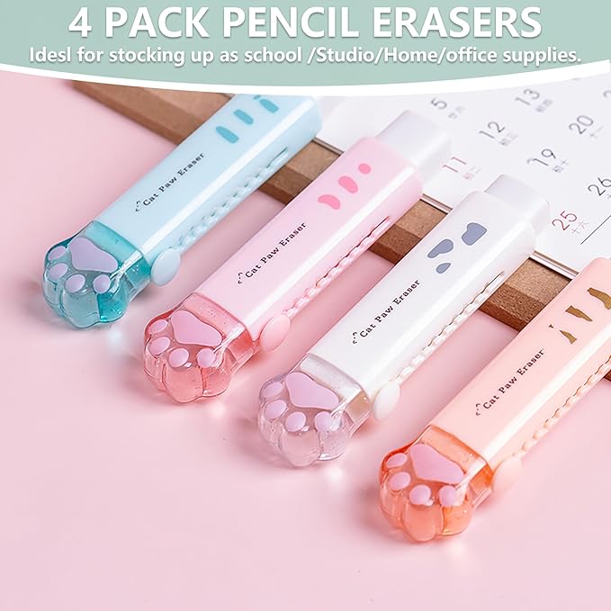 PANDENNER Retractable Pencil Eraser, Cute Erasers,Cat Paw Eraser,Suitable for School Home Office Supplies, 4Pcs (Eraser-BLFC)