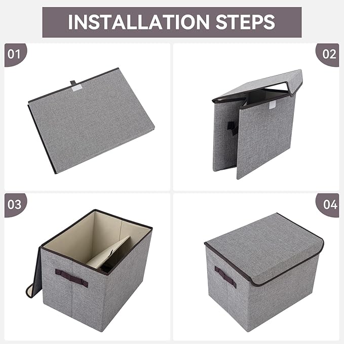 Bagnizer Linen Fabric Foldable Storage Cube Bin Organizer Basket with Flip-Top Lid & Handles, Large Clothes Blanket Box for Home, Office, Closet, Light Gray, 4 Pack 14.6 x 9.5 x 9.5”