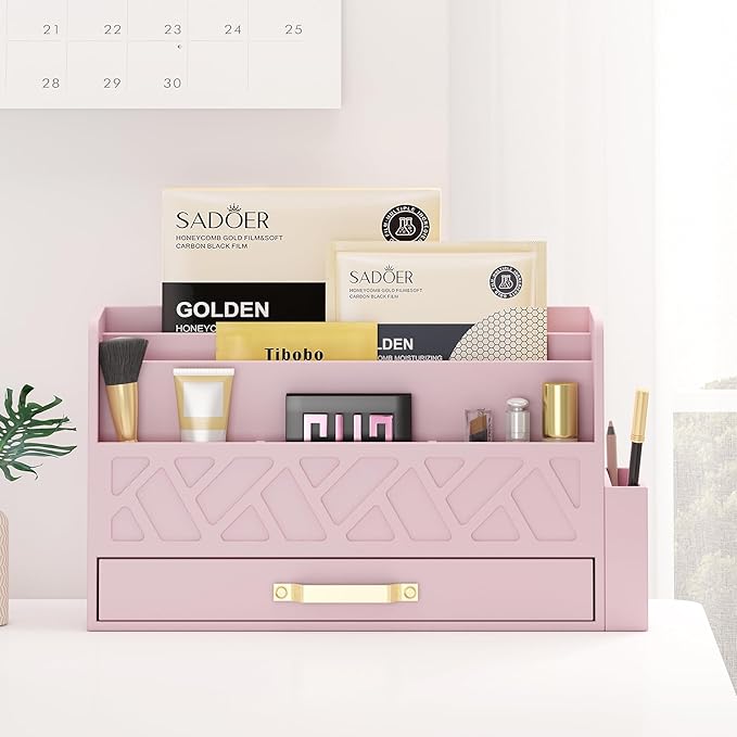 Wisuse Bamboo Desk Mail Organizer with Drawer,Wooden File Bill Sorter Storage Box for Desktop, Letter Countertop Holder for Home,Office,School Organization,Tabletop Accessories Supplies (Pink)