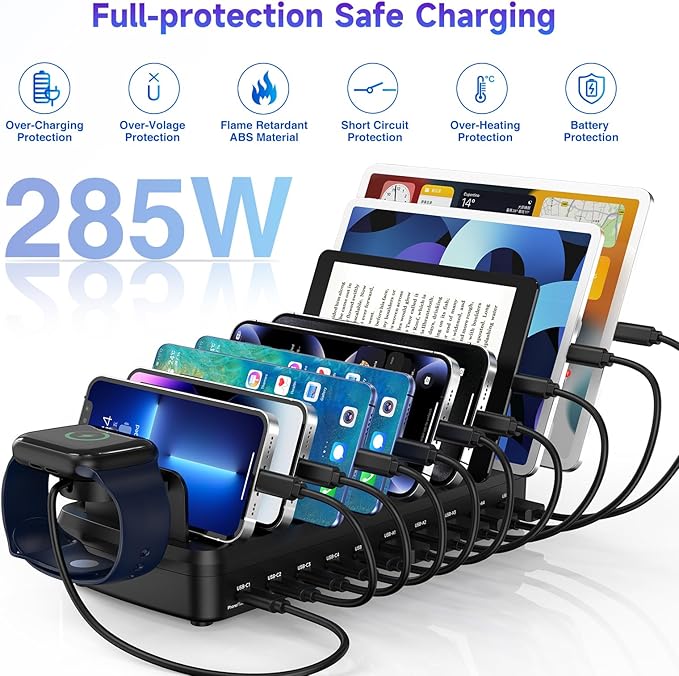285W Charging Station for Multiple Devices, 10 Ports Fast Multi-Device Charger Organizer Compatible with MacBook Pro Laptop, iPhone, Android, Ipad, Tablet, Kindle, Multi-Device Charging Dock（Black）
