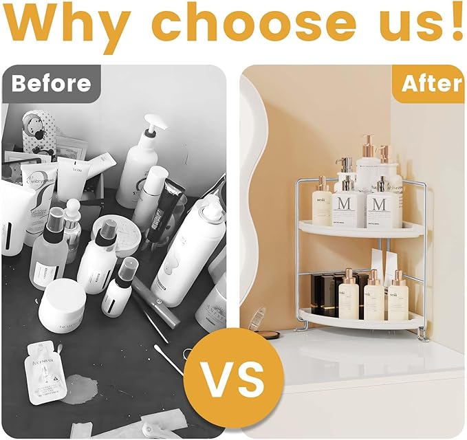 JANUS LiANG 2-Tier Corner Bathroom Countertop Organizer, Tiny Counter Corner Shelf Skincare Makeup Perfume Organizer and Organization for Kitchen (White)