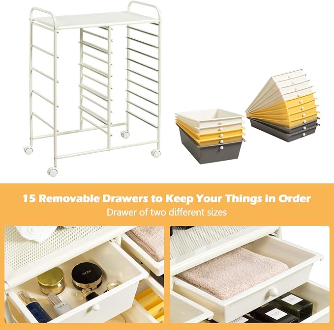 DORTALA 15-Drawer Rolling Storage Cart with Drawers, Rolling Utility Cart w/Removable Drawers & Universal Wheels, Tools Scrapbook Paper Organizer for School, Office, Home, Classroom (Yellow)