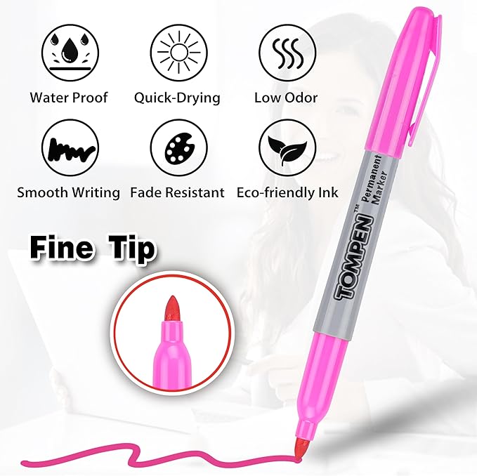 TOMPEN Permanent Markers Fine Tip 100 Pack Bulk,10 Assorted Colors,Waterproof Permanent Marker with Quick Drying on Valentine's Day card,Wood,Plastic,Paper,Metal,Mirror for Office School Classroom
