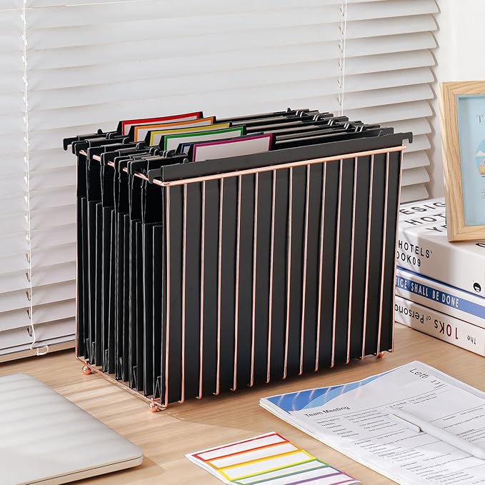 Y YOMA Plastic Extra Capacity Hanging File Folder, Letter Size, 4” Expansion, 6 Pack Black Reinforced Expanding Hanging Folders with Tabs, Heavy Duty Waterproof Accordion for Bulky Files