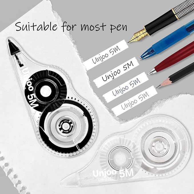 Unjoo White Correction Tape, Easy To Use Applicator for Instant Corrections Wrong Writing At Any Time, For school, Office (12pack, 5M/196" x 0.2", Black)