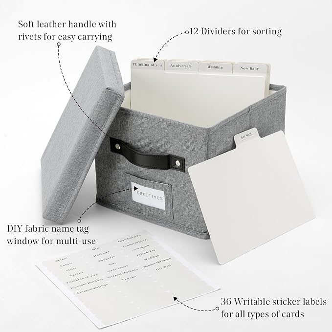 TARSUKA Greeting Card Organizer with dividers - Storage Box with lid Holds 150+ Cards - Assortment Box for Greeting Cards,Recipes, Photos, Envelopes, Keepsake - 9 x 9 x 7 Inches (Gray, 2 pcs)