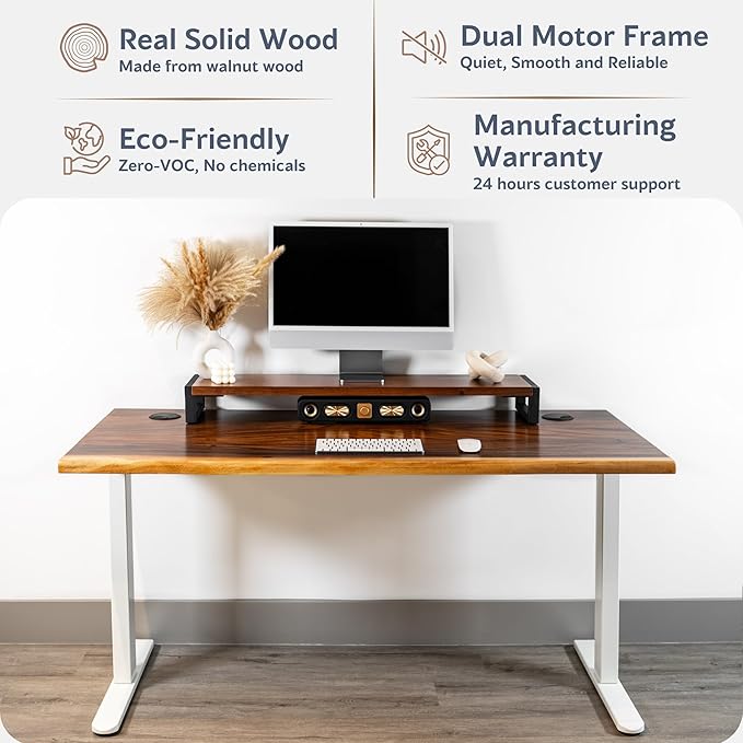 Standing Desk with Monitor Stand – Walnut Solid Wood Desk, Natural Live Edge, Adjustable Height Dual Motor, Sit Stand for Home Office (White, W48 x D27)