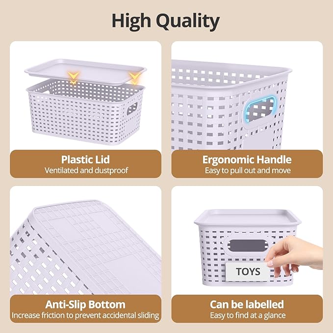ZFTMRR Plastic Storage Basket with Lid, Stackable Small Box Bins for Organizing and Containers for Shelves Drawers Desktop Closet Playroom Pantry Classroom Office Home, 8 Pack 10.2"x7.2"x4.1" Lavender