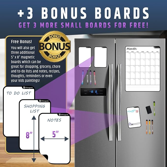 Large Dry-Erase Magnetic Monthly Calendar + Free Bonus: 3 Grocery/to-Do List Whiteboards (Organizer/Planner) for Kitchen Fridge - Full Set: 8 Markers + Eraser | Stain Free | Vertical