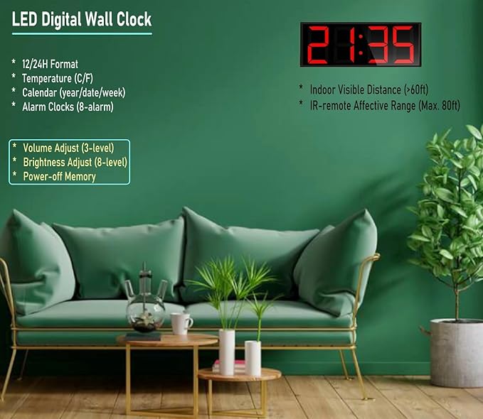ETEBRG 17.3'' Huge Digital Wall Clock, Home Gym Interval Workout Timers, with Countdown, Stopwatch, 7-Color Light, 8-Alarms, Calendar/Temperature Display, for HIIT/Tabata/FGB/EMOM (Red)