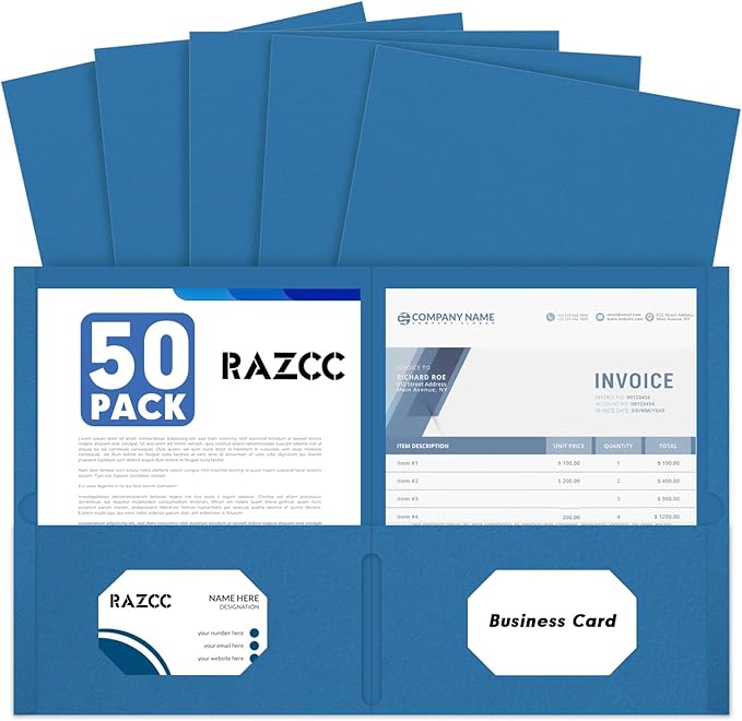 Two Pocket Folders, RAZCC 50 Pack 2 Pocket Folders Fit Letter Size Paper, Paper Folders with Pockets for School Office Business Home (Navy Blue)