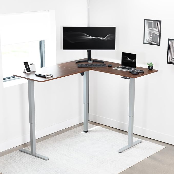 VIVO Electric Corner 63 x 55 inch L-Shaped Standing Desk, Memory Height Adjustment, Dark Walnut Top Gray Frame, DESK-E3CTGD