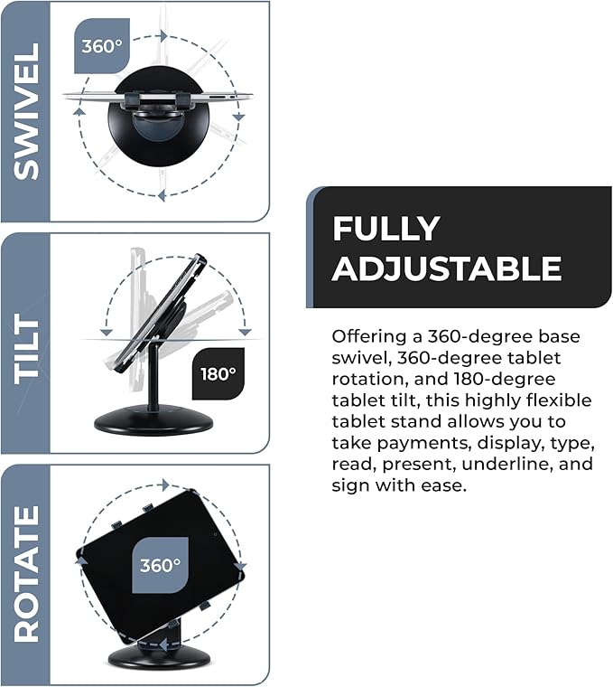 Aidata Tablet Stand - Compatible with iPad, iPad mini, and Most 6-Inch-13-Inch Tablets, Adjustable Commercial POS Holder with 360-Degree Swivel, for Retail, Classroom, Business, and Home, Black